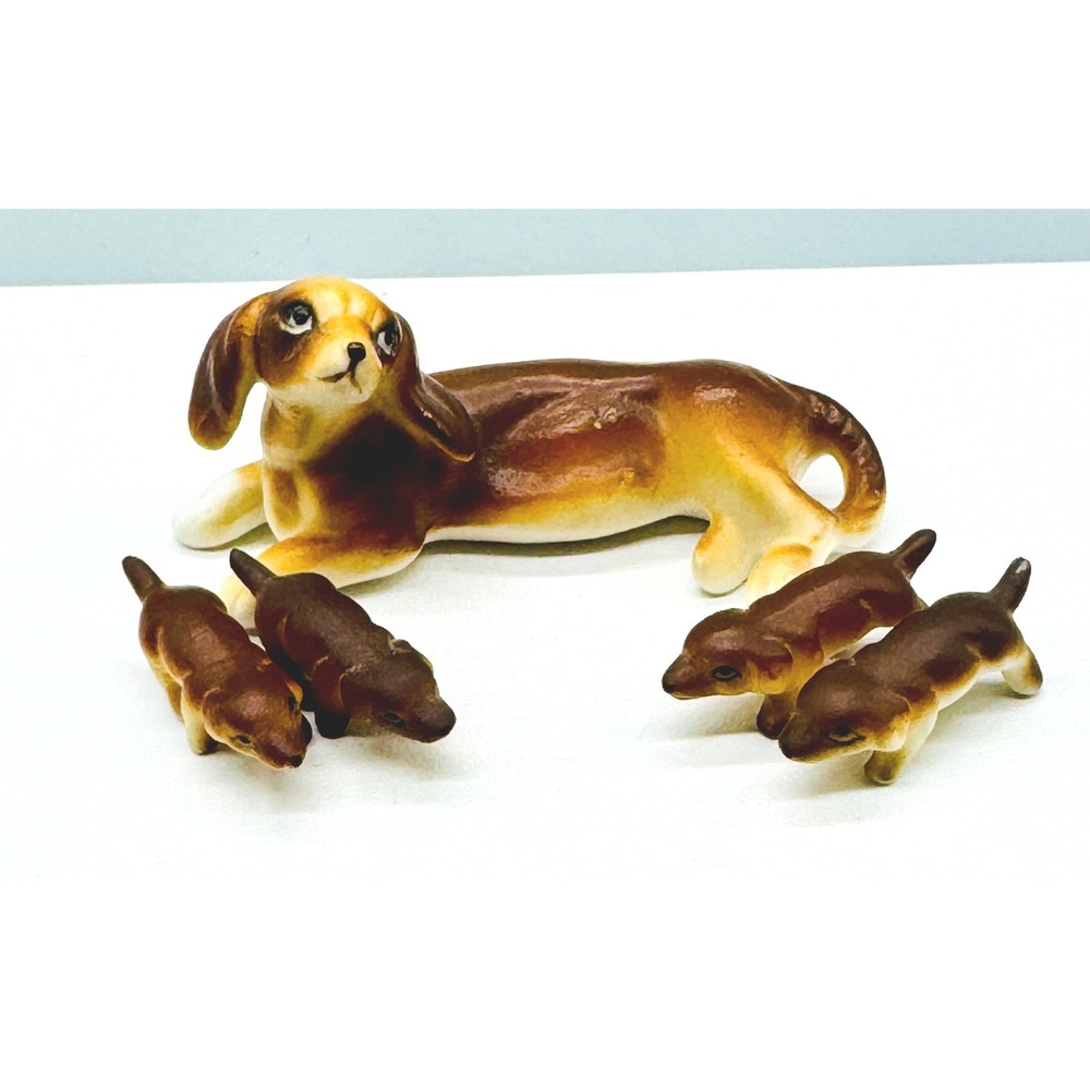Dachshund Ceramic Mother Four Puppies Figurine Set Brown Vintage
